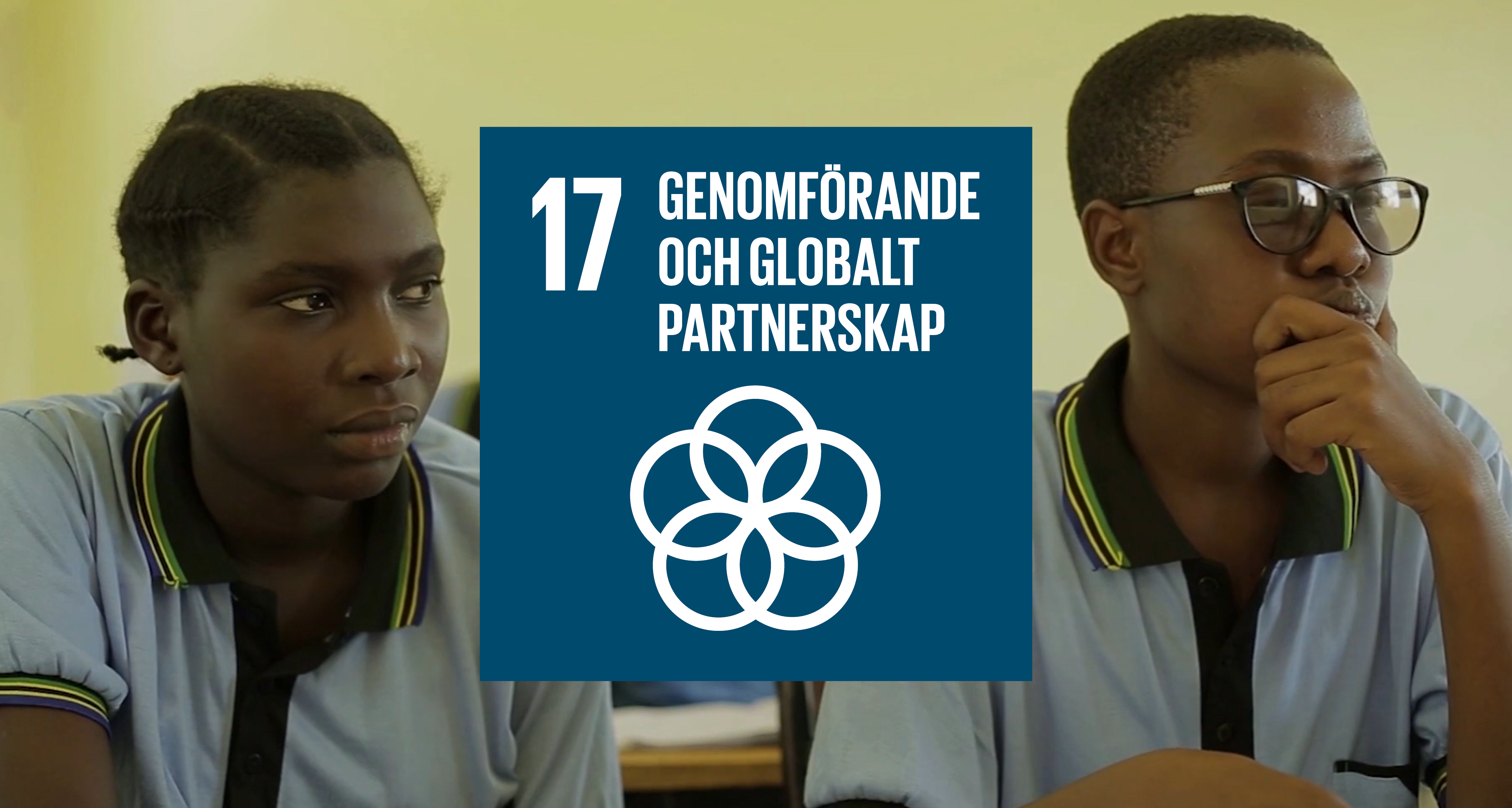 Två personer sitter i en skolbänk. Grafisk bild i mitten med texten: 17 - Genomförande och globalt partnerskap