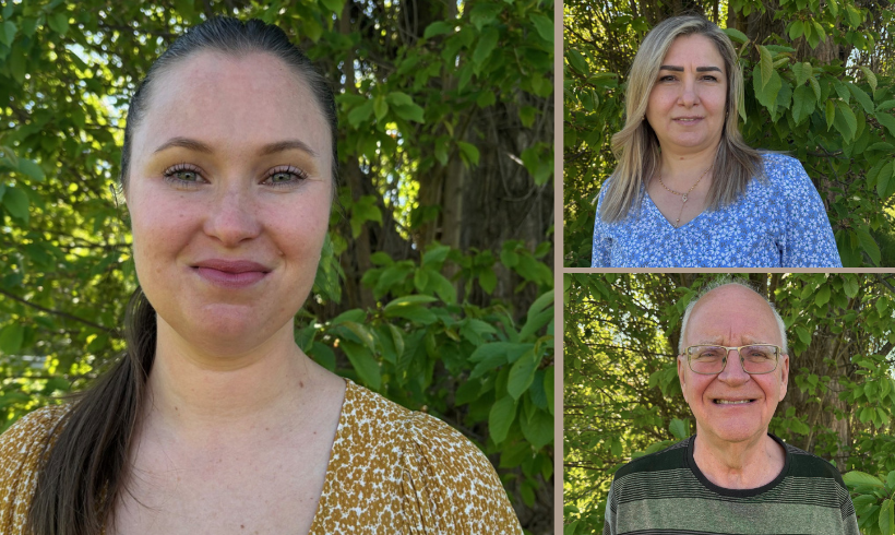 Sarah, Mari och Torbjörn framför gröna blad och i somriga kläder