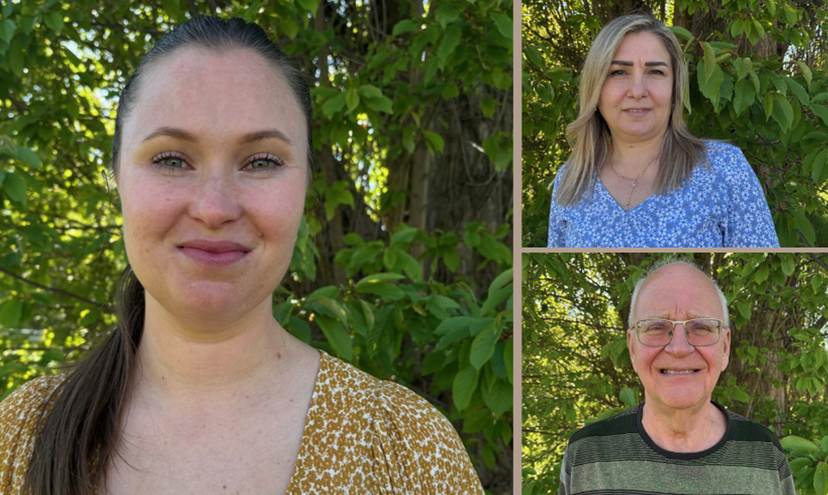 Sarah, Mari och Torbjörn framför gröna blad och i somriga kläder