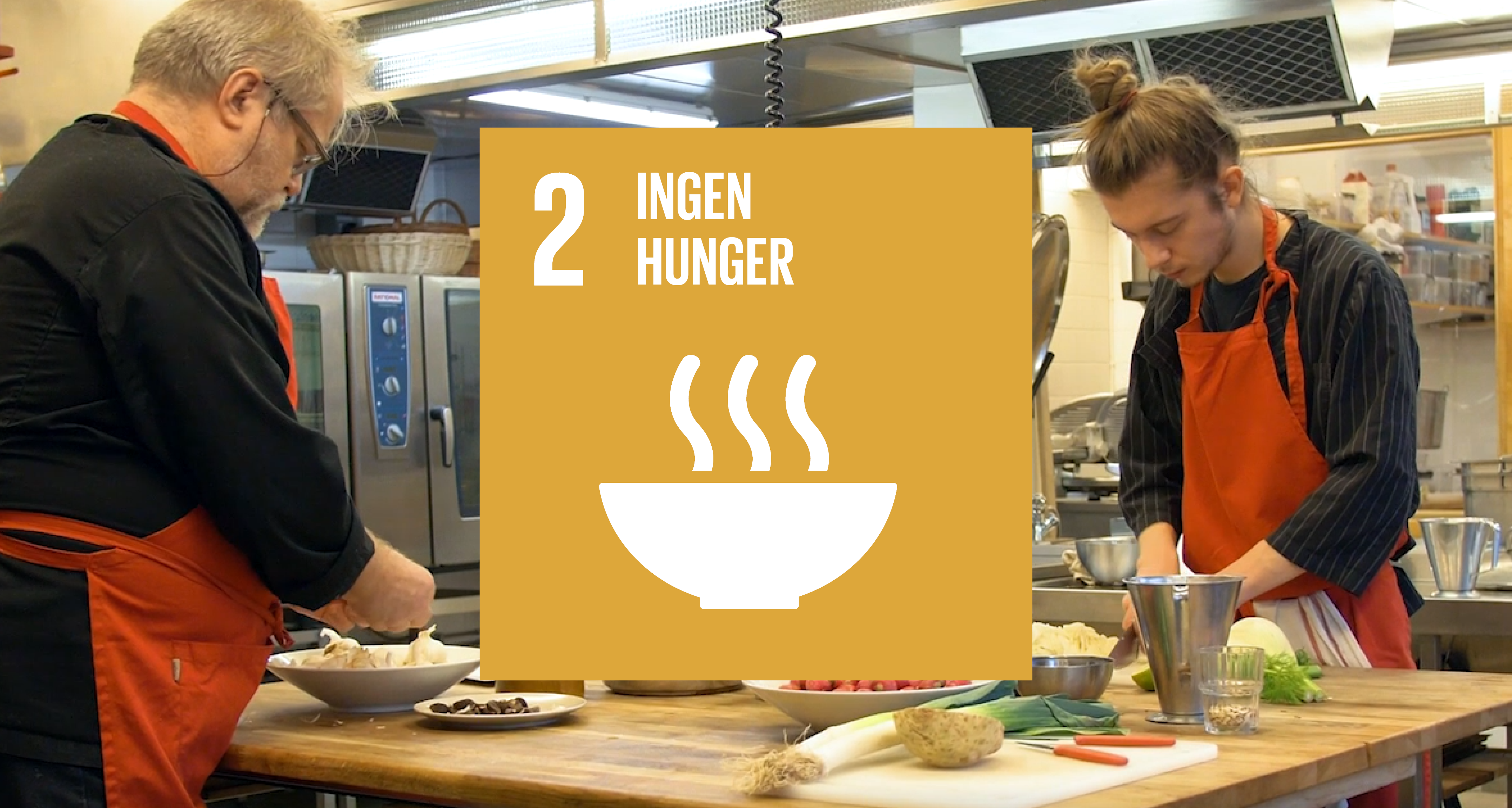 Bild på ett kök, två personer lagar mat, en grafisk bild med texten "2 Ingen hunger" mellan dem.