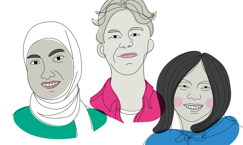 Illustration på tre unga människor med olika utseenden.