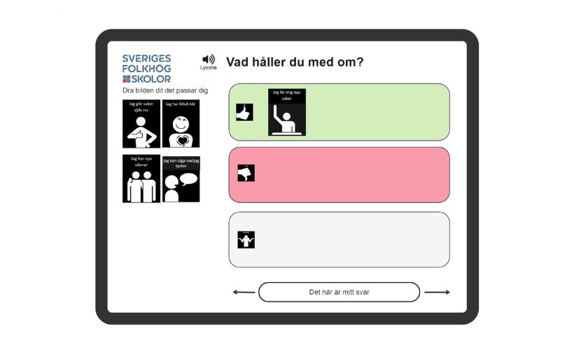 En skiss av hur undersökningen kan se ut. En grön yta för "håller med", en röd för "håller inte med" och en grå för "vet inte". Fem bilder med ett påstående varav fyra är utanför fälten och en ligger på grönt, "håller med".