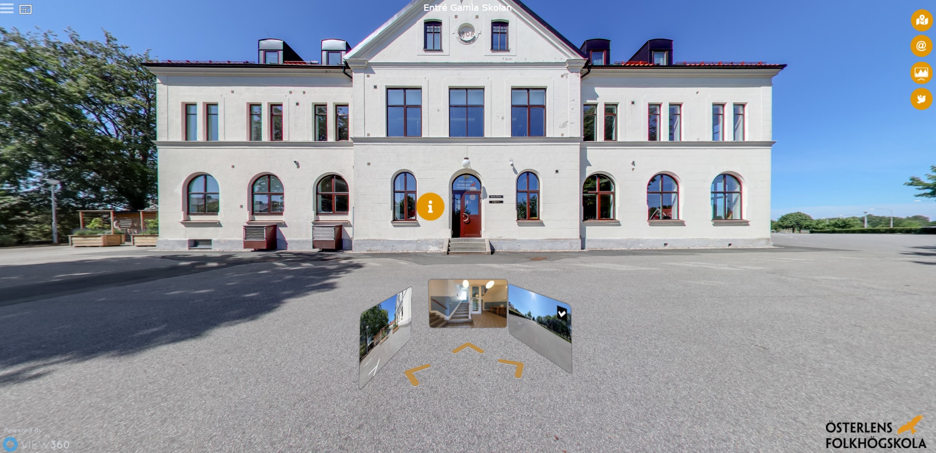 En av byggnaderna på Österlens folkhögskolas virtuella rundtur, pilar framför för att klicka på för att vandra runt.